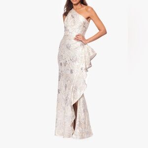 Xscape One Shoulder Gown in champagne and gold